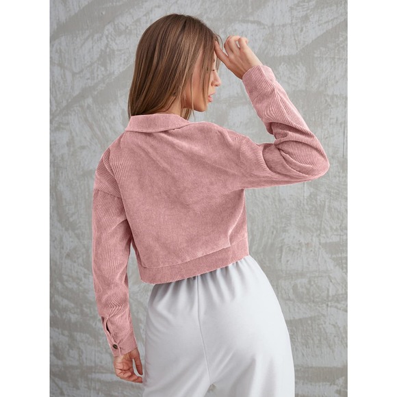 Corduroy Flap Pocket Button Up Crop Jacket trucker shacket - Picture 6 of 8